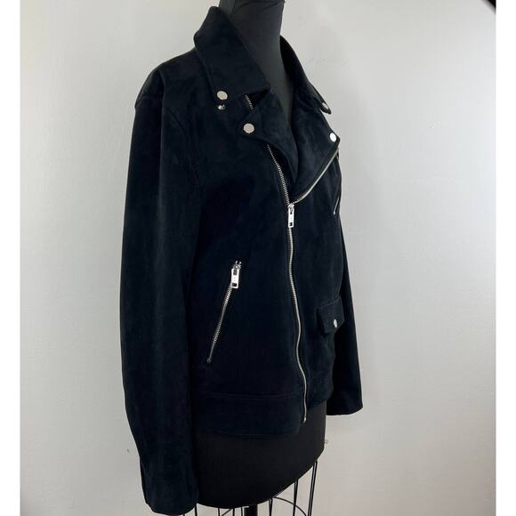H&M Black Long Sleeve Asymmetrical Zip Faux Suede Moto Jacket Size M Medium - Picture 2 of 8